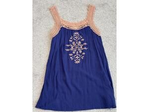 Kori America Navy Tank Top with Peach Crochet Trim and Embroidery, Size S